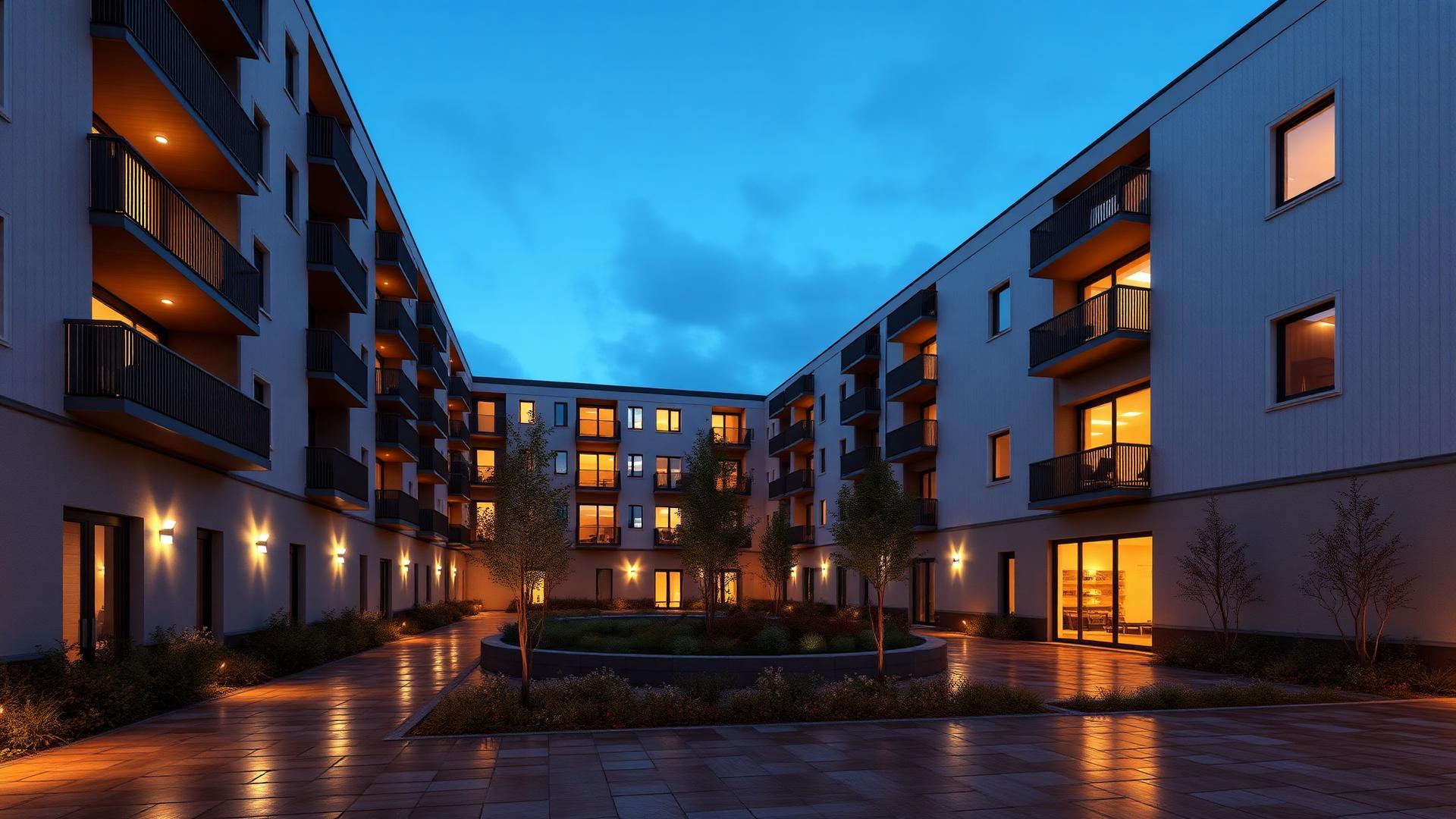 Visualisering av bostadsgård i skymning